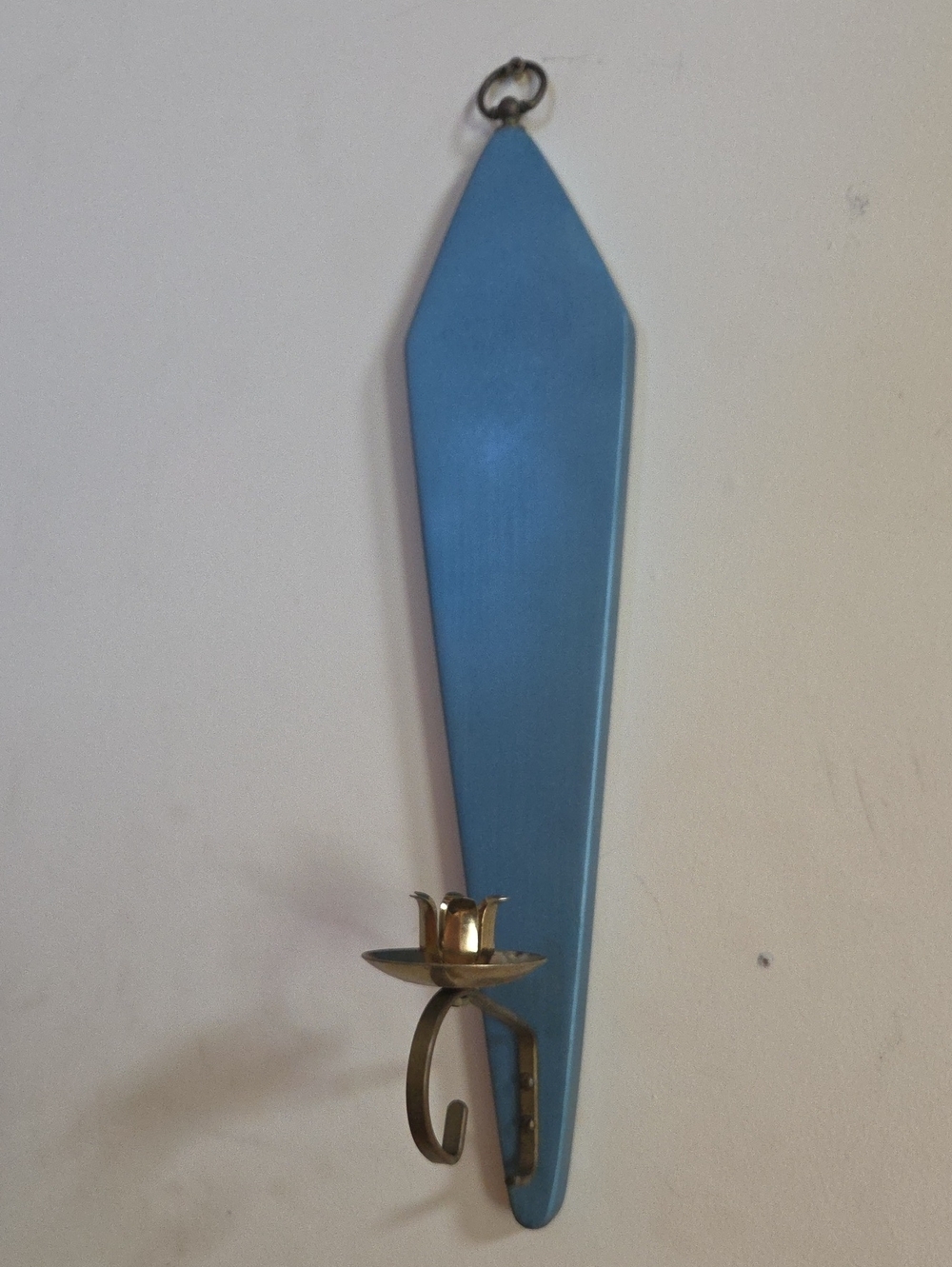 Set Of Mid- Century Vintage Blue Wooden Wall Sconce with Brass Candle Holders